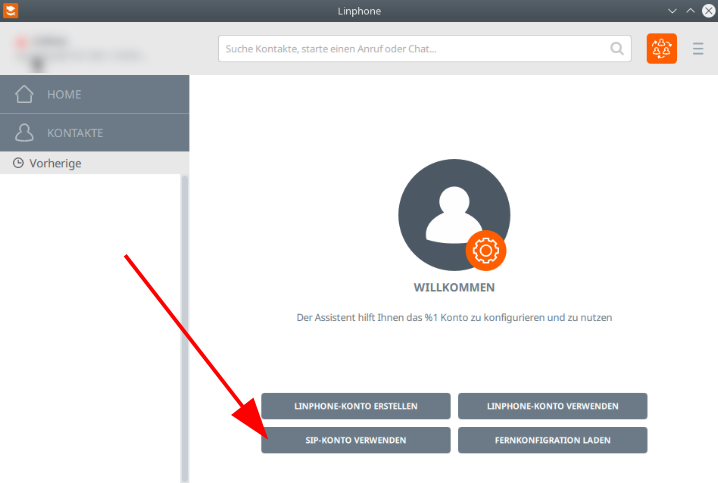 Linphone - Startbildschirm des 1. Starts