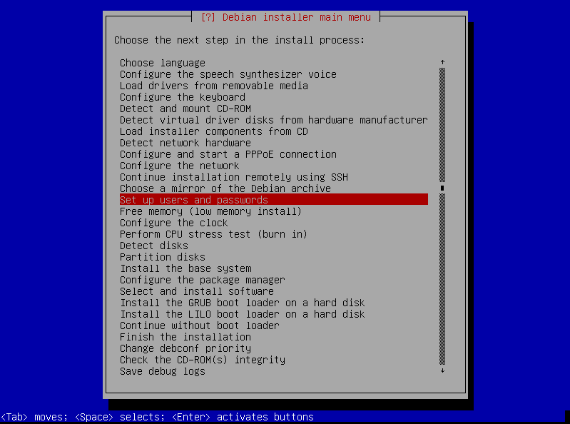 Installationsmenue Debian8.7 amd64 netinst testuser12-Variante